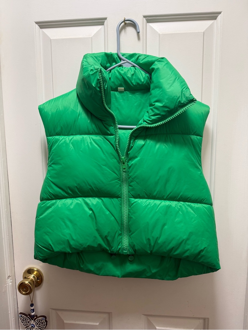 Kelly Green Cropped Puffer Vest | High Collar Boxy Bubble Gilet S Streetwear Y2K